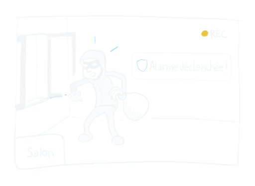 Dessin d'un cambrioleur vu par la caméra de sécurité du salon avec une notification affichant 'Alarme déclenchée !'