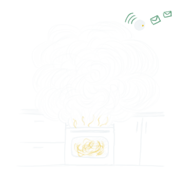 Dessin d'un four dont le contenu est en feu, la fumée en sortant active un détecteur de fumée qui envoie des messages