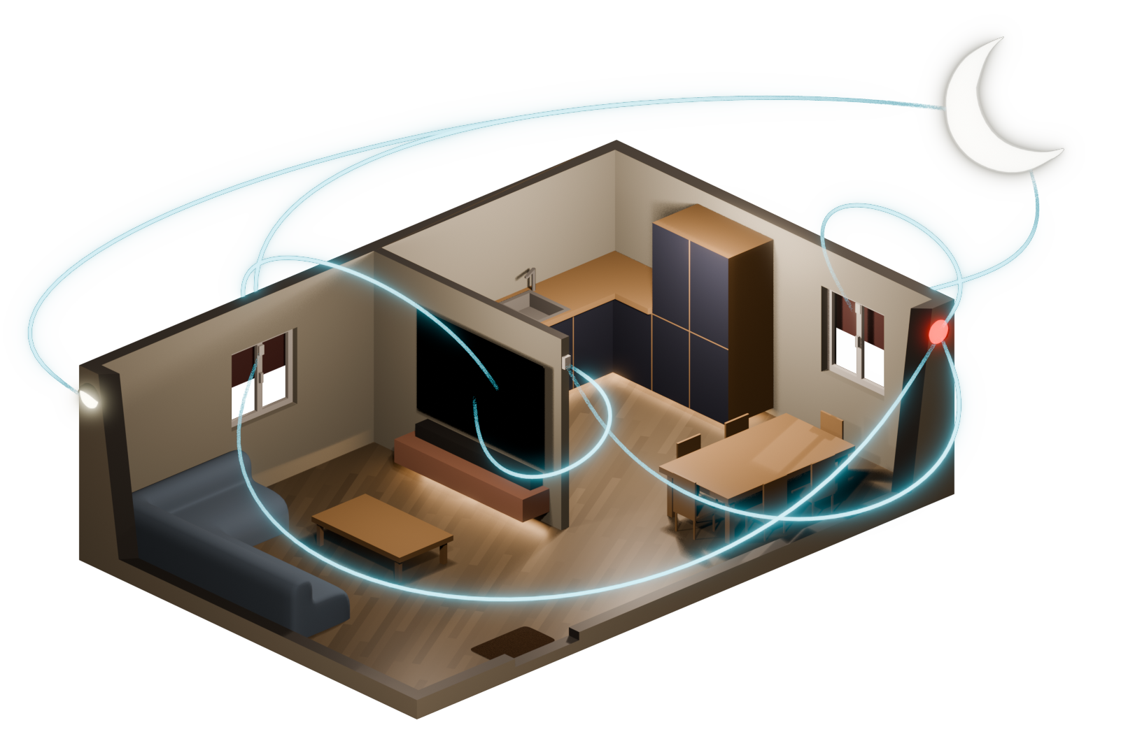 Rendu 3D d'une maison avec des fils de lumière connectant différents appareils