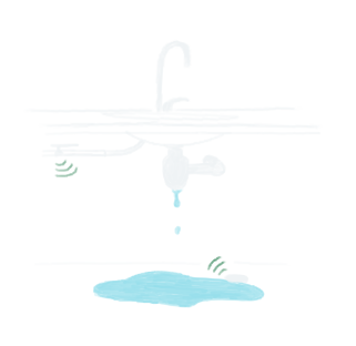 Dessin d'un évier qui fuit, un détecteur de fuite communique avec une vanne sur l'arrivée d'eau