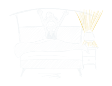 Dessin d'une personne s'étirant dans son lit, la lampe de chevet est allumée
